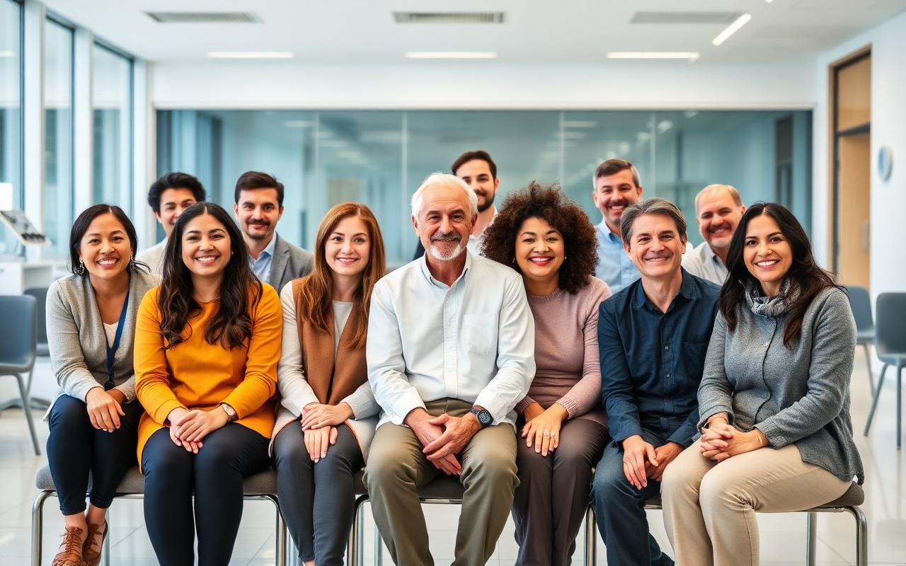 Diverse group of adult volunteers in a clinical research waiting area