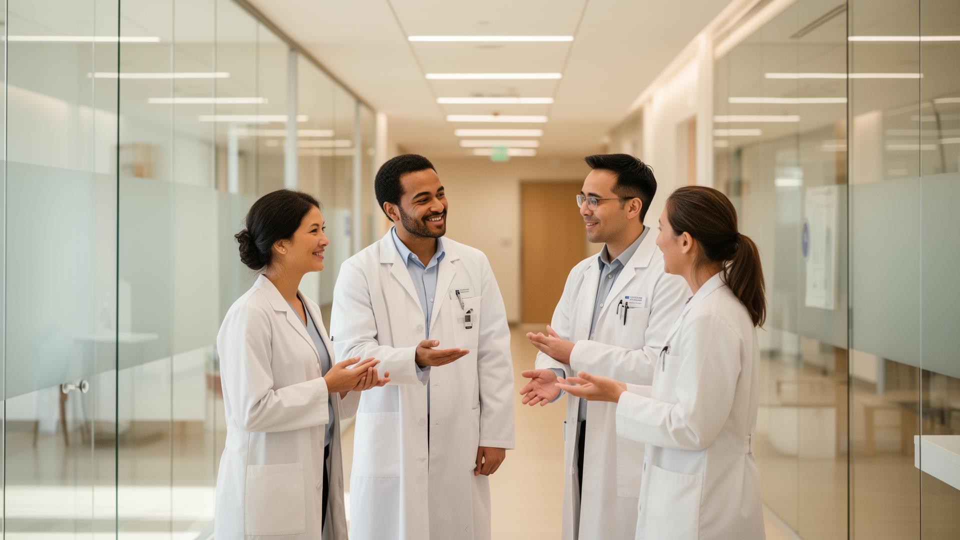 Clinical researchers collaborating in a modern medical facility
