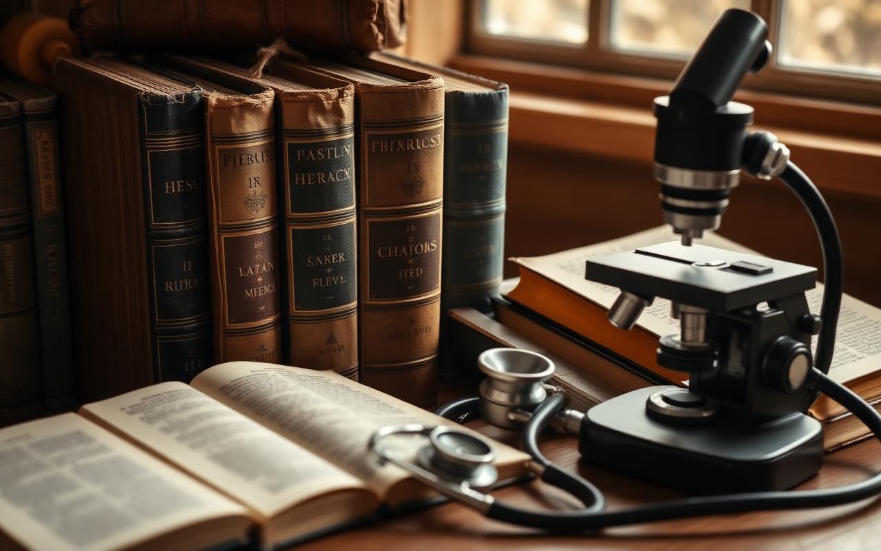Antique medical books beside a microscope and stethoscope