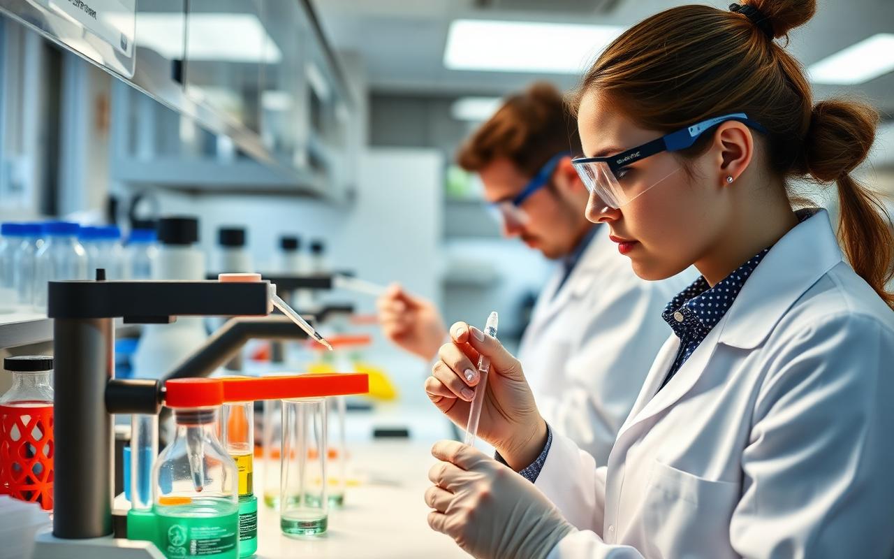 Researchers analyzing samples in a modern clinical research laboratory